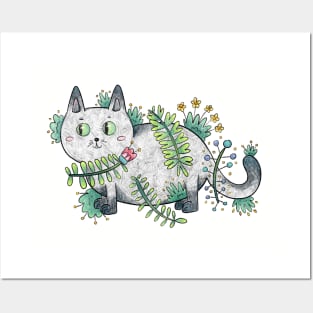 Cute Green Eyed Cat with Floral Patterns Posters and Art